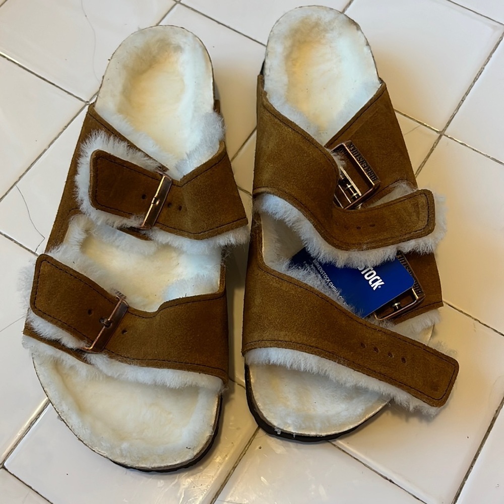NWT Birkenstock Arizona Shearling Suede Leather Size 10 Mink Suede. - Picture 7 of 16